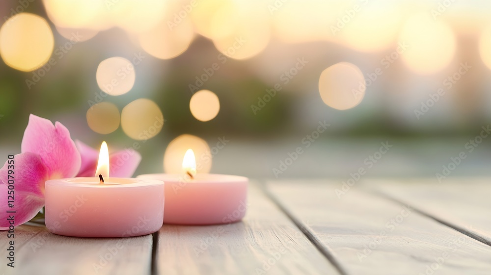 Poster serene atmosphere with pink candles and a flower creating an elegant ambiance in soft focus : genera