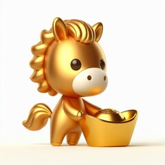 3D Chinese New Year cute gold or Red horse character holds an Ingot on a white background