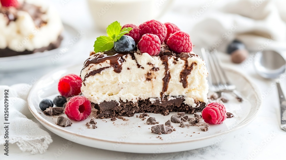 Poster delicious slice of chocolate ice cream cake topped with fresh berries creating a tempting treat : ge