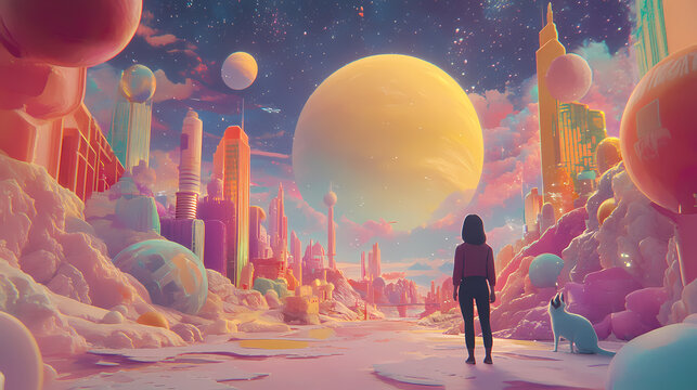 Wonder and joy: scenes celebrating small joys like playful pets, immersive travel experiences, or fantastical, ai-generated dreamscapes. AI-Generated Dreamscapes. Illustration