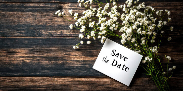 A charming "Save the Date" card nestled among delicate white flowers on a rustic wooden background, perfect for announcing special occasions like weddings or events.