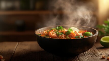 A steaming bowl of delicious Tom Yum soup filled with prawns, cilantro, and lime wedges, with aromatic steam rising from the bowl, placed on a rustic wooden table