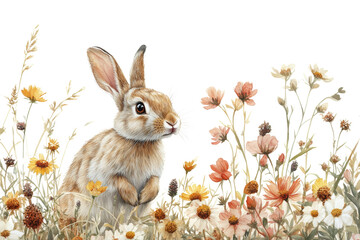 A charming rabbit surrounded by colorful wildflowers, capturing the beauty of nature. Perfect for spring themes or wildlife illustrations.