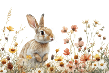 A charming rabbit surrounded by colorful wildflowers, capturing the beauty of nature. Perfect for spring themes or wildlife illustrations.