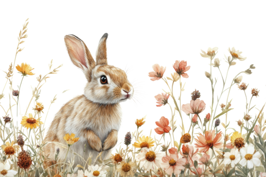 A charming rabbit surrounded by colorful wildflowers, capturing the beauty of nature. Perfect for spring themes or wildlife illustrations.