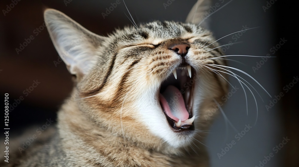 Poster yawning tabby cat relaxing in a cozy indoor setting : generative ai