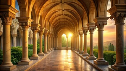 Fototapeta premium Warm sunlight pours through an intricately carved arched colonnade, illuminating a serene pathway to a distant doorway with majestic stone columns , sunlight, architecture