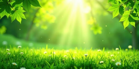 Obraz premium Serene Meadow Landscape Lush Green Grass, Vibrant Foliage, and Gentle Sunlight Illuminating Delicate Wildflowers in a Peaceful Natural Setting
