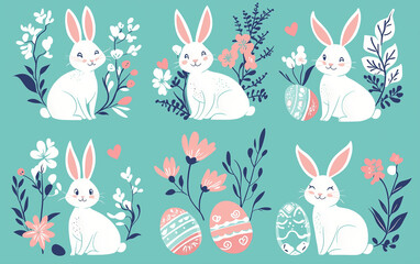 Elegant White Easter Bunnies with Decorative Eggs and Floral Elements on a Teal Background