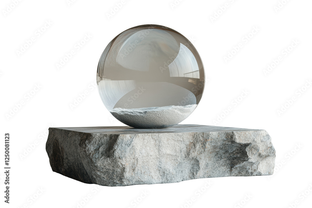 Poster a clear glass sphere rests atop a rugged stone surface, creating a harmonious contrast between smoot