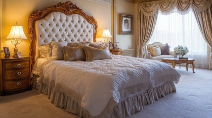 A beautifully appointed European bed with a luxurious headboard and soft bedding, set in a clean, spacious bedroom with soft natural lighting.