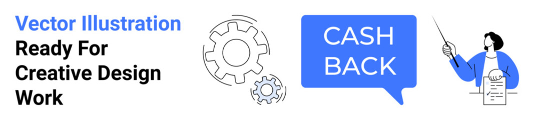 Gears representing process, cashback in speech bubble, woman holding paper and pointing at a concept. Ideal for finance, business, marketing, e-commerce, education planning presentations. Flat