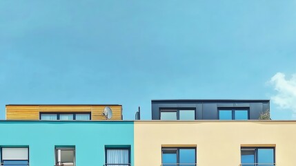 Pastel Colored Modern Buildings with Contrasting Rooftop Designs Under a Clear Blue Sky
