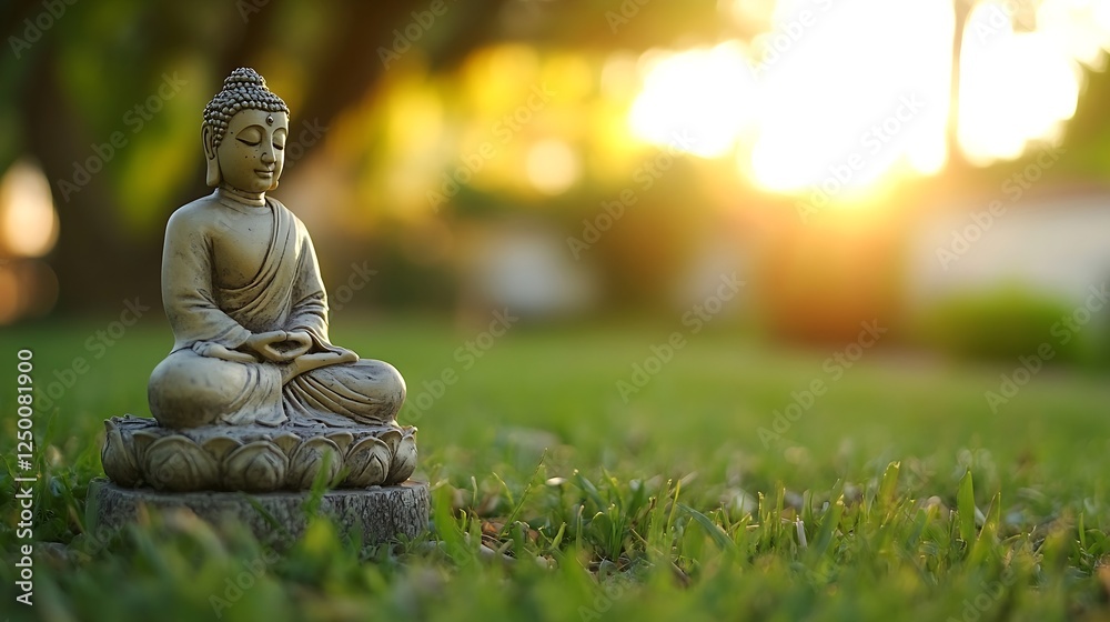 Poster serene buddha statue surrounded by nature in garden setting : generative ai