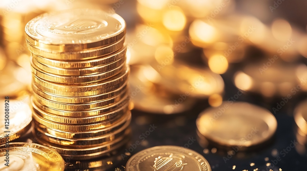 Poster stunning high quality stacked gold coins symbolizing wealth and prosperity in a glowing atmosphere :