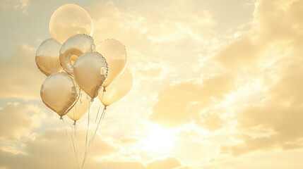 Fototapeta premium A bunch of silver letter balloons tied together, drifting into a warm golden sky, beautiful copy space.