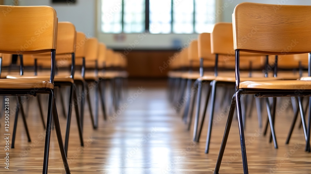 Aufkleber row of empty wooden chairs in a bright and spacious classroom setting : generative ai