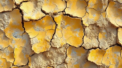 Close-up view of cracked yellow earth surface revealing texture and color variations, ideal for backgrounds