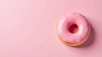 A single pink glazed donut rests on a pale pink background, a delectable treat for a sweet tooth