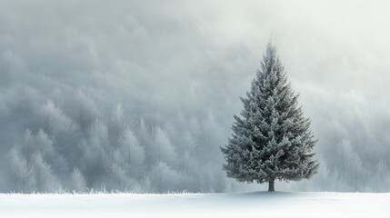 Solitary Frost-Covered Evergreen Tree Winter Landscape Soft Light. AI Generated
