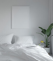 White bedroom with a white poster frame, a banana plant on the side of the bed, in a mockup style, high-resolution photography, realistic, stock photo, professional color grading, white background, 