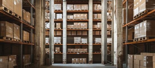 Immense Warehouse Interior: Rows of Cardboard Boxes on Metal Shelving