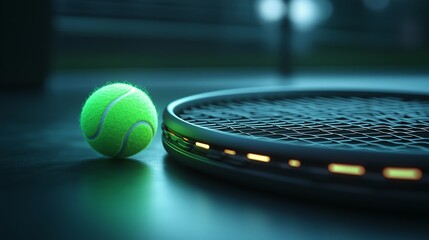 Tennis Ball and Racket on Dark Surface with Soft Light