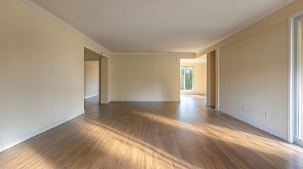 Obraz premium Spacious empty room with natural light and wooden floor ready for decoration : Generative AI