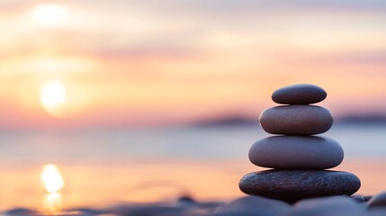 Peaceful stacked stones on a beach at sunset with calm waves in the background : Generative AI