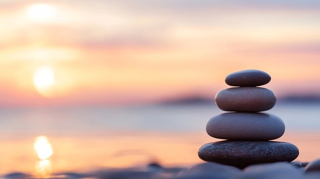 Peaceful stacked stones on a beach at sunset with calm waves in the background : Generative AI