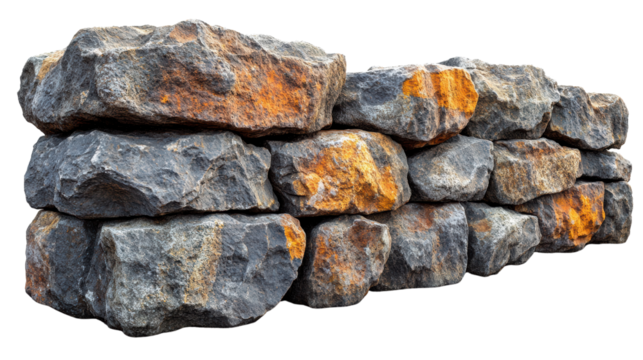 A close-up view of a sturdy stone wall made of large, textured rocks showcasing a blend of gray and orange hues, perfect for architectural design.