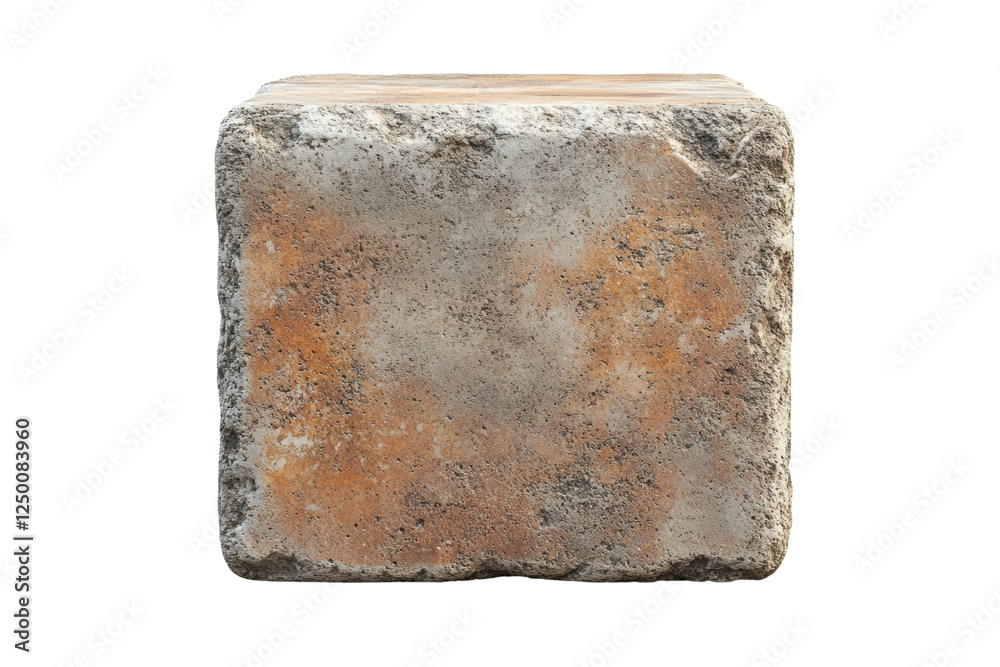 Poster a close-up view of a weathered concrete block, showcasing its rough texture and earthy tones, perfec
