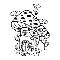 a black and white drawing of a mushroom house in outline style for coloring pages
