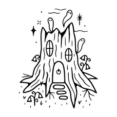 Fototapeta premium a black and white drawing of a ghost tree house in outline style for coloring pages