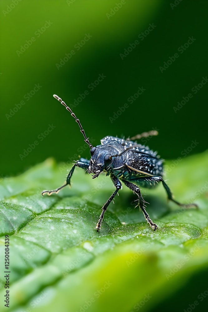 Poster macro shot of a blue weevil insect on a leaf in natural habitat : generative ai