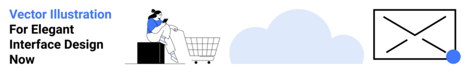 Woman sitting with shopping cart and packages, blue cloud, email inbox symbol with notification dot. Ideal for e-commerce, cloud storage, notifications, online shopping, logistics, technology flat
