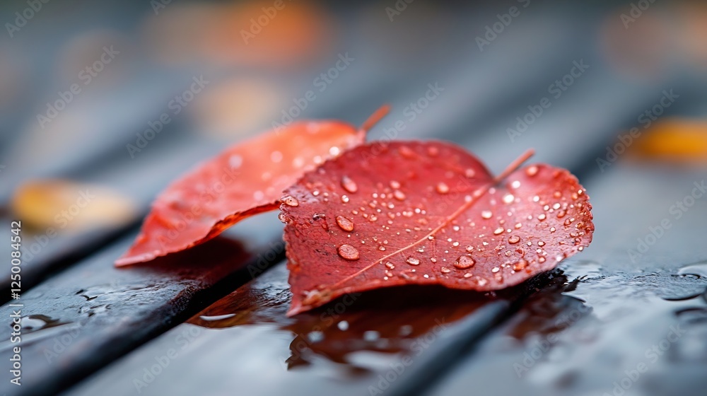Poster close-up of droplets on red maple leaves on wet wooden surface after rain : generative ai