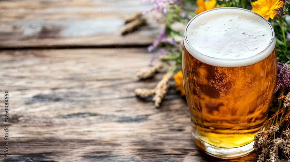 Poster refreshing pint of beer surrounded by colorful wildflowers on rustic wooden table : generative ai