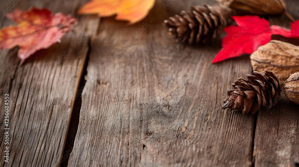 Poster autumn leaves and pine cones on rustic wooden surface with natural textures : generative ai