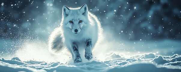 Arctic fox running through snowy landscape in winter light