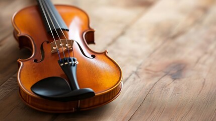 Fototapeta premium Close Up of an Elegant Wooden Violin on a Rustic Wood Table : Generative AI