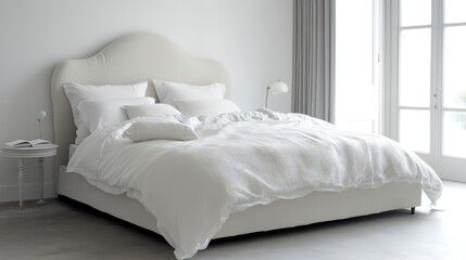 A European-style bed with crisp white linens, a modern upholstered headboard, and ample space surrounding it for design elements.