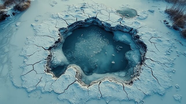 Aerial view of a frozen lake with a circular hole in the ice, surrounded by cracked ice formations