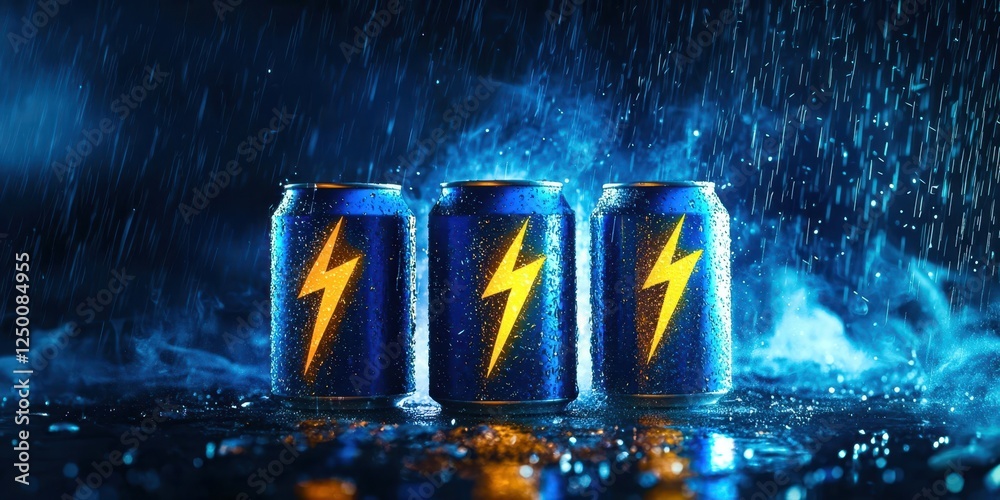 Poster three cans of a drink with lightning bolts on them