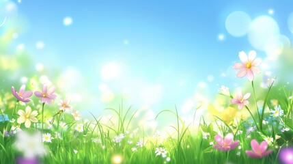 Fototapeta premium A field of vibrant spring flowers in full bloom, gently swaying in the breeze under a clear blue sky, soft bokeh copy space.