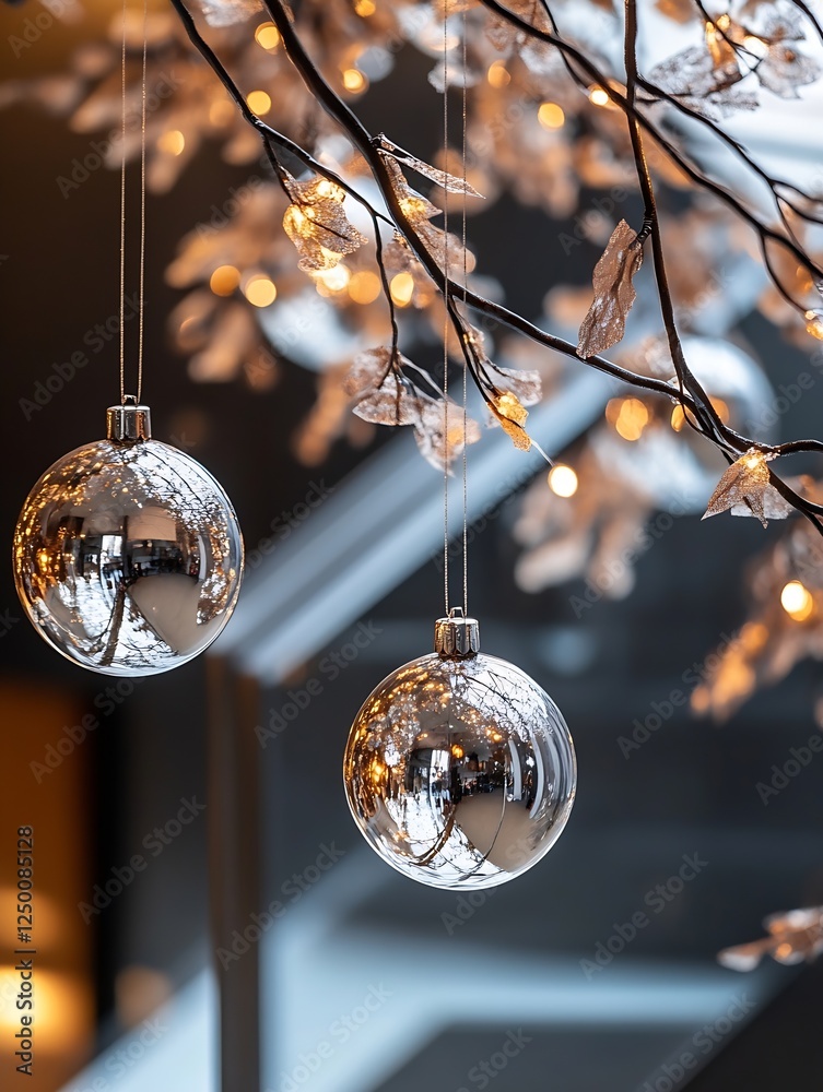 Poster charming christmas ornaments hanging on a snowy tree branch with warm lights : generative ai