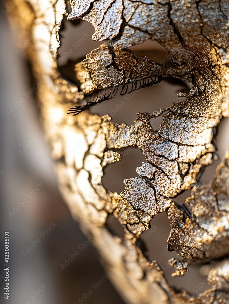Poster Close-up of a beautifully textured abstract golden mask with intricate details and shimmering patterns : Generative AI