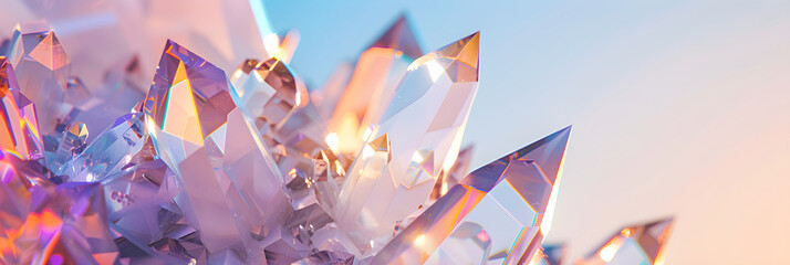Intricate Quartz Crystal Illustration: Faceted and Translucent Mineral with Prismatic Light Effects