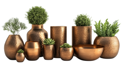 A collection of elegant copper vases and pots showcasing various lush green plants, perfect for adding a touch of nature to any modern interior space.