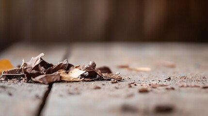 Close Up of Dried Leaf Fragments on Wooden Surface Capturing Organic Texture and Natural Beauty : Generative AI